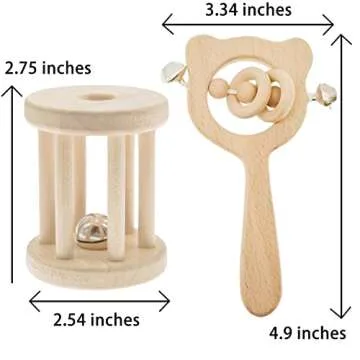 Lanttoe 2pc Set Wooden Baby Rattle and Teether Toys