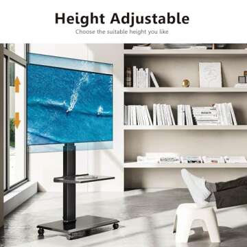 FITUEYES Rolling TV Stand with Landscape to Portrait Rotating, Portable TV Stand on Wheels for 32 to 75" TVs, TV Cart Tall TV Floor Stand with Iron Base and Shelf, Swivel, Hold 88 lbs, Black