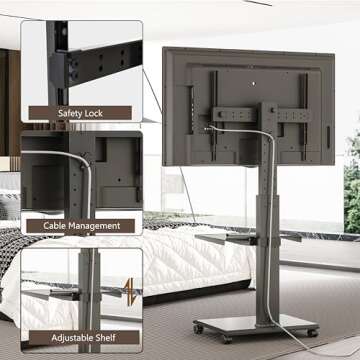 FITUEYES Rolling TV Stand with Landscape to Portrait Rotating, Portable TV Stand on Wheels for 32 to 75" TVs, TV Cart Tall TV Floor Stand with Iron Base and Shelf, Swivel, Hold 88 lbs, Black