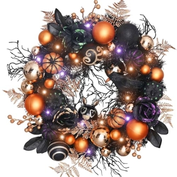 Stunning 26 Inch Valery Madelyn Pre-Lit Halloween Wreath with Orange Pumpkins and Black Crows