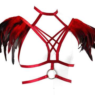 Body Harness Feathers for Women Strappy Elastic Cupless Bra Hollow Out Tops Epaulette Shoulder Wing Wine Red
