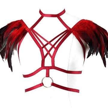 Body Harness Feathers for Women Strappy Elastic Cupless Bra Hollow Out Tops Epaulette Shoulder Wing Wine Red