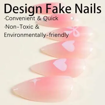 BABALAL Pink Press on Nails Medium Almond Fake Nails Heart Glue on Nails Bow Acrylic Nails Shiny Rhinestone Stiletto 24Pcs Glossy Manicure Valentines False Nails