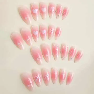 BABALAL Pink Press on Nails Medium Almond Fake Nails Heart Glue on Nails Bow Acrylic Nails Shiny Rhinestone Stiletto 24Pcs Glossy Manicure Valentines False Nails