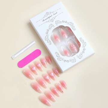 BABALAL Pink Press on Nails Medium Almond Fake Nails Heart Glue on Nails Bow Acrylic Nails Shiny Rhinestone Stiletto 24Pcs Glossy Manicure Valentines False Nails