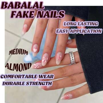 BABALAL Pink Press on Nails Medium Almond Fake Nails Heart Glue on Nails Bow Acrylic Nails Shiny Rhinestone Stiletto 24Pcs Glossy Manicure Valentines False Nails