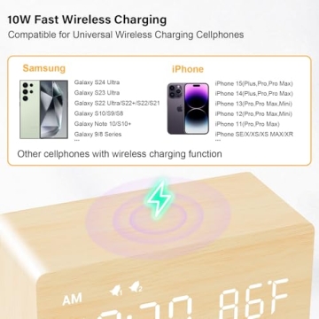 Elegant Wooden Alarm Clock with Wireless Charging