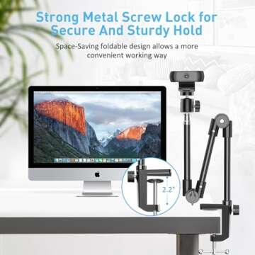 KDD Webcam Stand Camera Mount with Phone Holder, 22 Inch Foldable Flexible Gooseneck Cell Phone Clamp & Table Projector Mount, for Logitech C922 C930e C920S C920 C960 Brio 4K, Gopro Hero 8 7 6 5