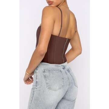 REORIA Women's Summer Fashion Sexy Square Neck Sleeveless Adjustable Spaghetti Strap Tendy Tank Crop Tops Going Out Bustier Corset Tops Coffee Small