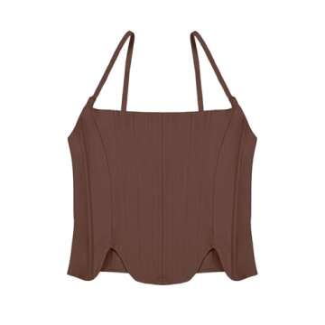 REORIA Women's Summer Fashion Sexy Square Neck Sleeveless Adjustable Spaghetti Strap Tendy Tank Crop Tops Going Out Bustier Corset Tops Coffee Small