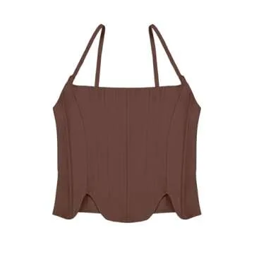 REORIA Women's Summer Fashion Sexy Square Neck Sleeveless Adjustable Spaghetti Strap Tendy Tank Crop Tops Going Out Bustier Corset Tops Coffee Small