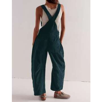 AMEBELLE Corduroy Overalls for Women Barrel Wide Leg Bib Corduroy Pants Women Adjustable Romper Jumpsuit with Pockets(3007-DarkGreen-L)