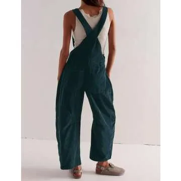 AMEBELLE Corduroy Overalls for Women Barrel Wide Leg Bib Corduroy Pants Women Adjustable Romper Jumpsuit with Pockets(3007-DarkGreen-L)