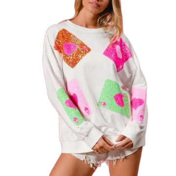 SOOKABEILA Women Sequin Valentine's Day Sweatshirt Cute Heart Long Sleeve Pullover Top Sparkly Overs...