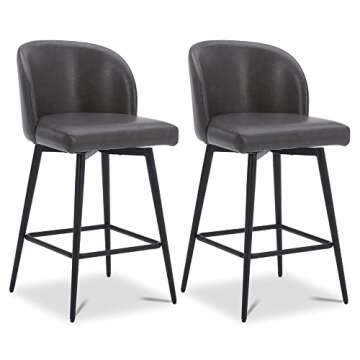 Watson & Whitely Counter Height Bar Stools Set of 2, 360° Swivel Upholstered Barstools with Backs and Metal Legs, 26" H Seat Height, Faux Leather in Grey
