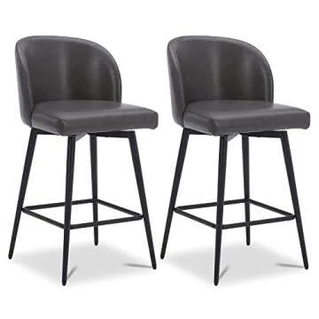 Watson & Whitely Counter Height Bar Stools Set of 2, 360° Swivel Upholstered Barstools with Backs and Metal Legs, 26" H Seat Height, Faux Leather in Grey