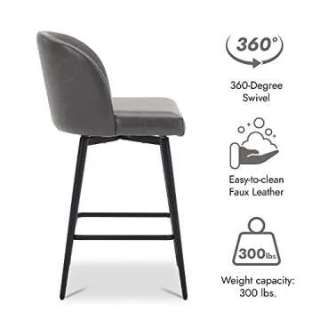 Watson & Whitely Counter Height Bar Stools Set of 2, 360° Swivel Upholstered Barstools with Backs and Metal Legs, 26" H Seat Height, Faux Leather in Grey