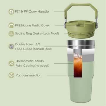 Serborni 30 oz Tumbler with Handle and Straw Lid, Insulated Tumblers Portable Stainless Steel Simply Modern Water Vacuum Bottles Cup（Basil green）