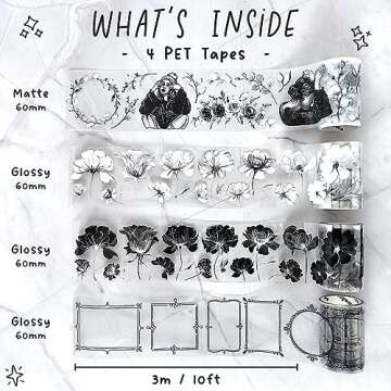 Fayware 4 PET Tapes for Journaling and Scrapbooking - Black & White Junk Journal Supplies for DIY Arts & Crafts Projects