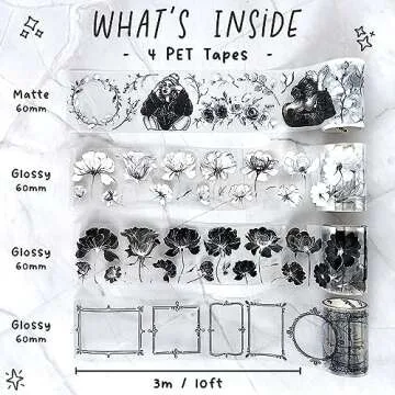 Fayware 4 PET Tapes for Journaling and Scrapbooking - Black & White Junk Journal Supplies for DIY Arts & Crafts Projects