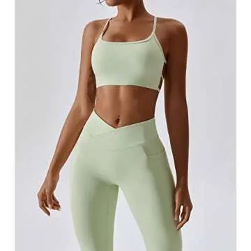 ABOCIW Women Workout 2 Piece Outfits Scoop Neck Cross Back Sport Bra Crossover High Waist Leggings w...