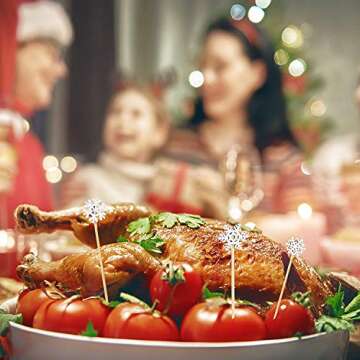 Christmas Snowflake Cocktail Picks Handmade Assorted Fruits Bamboo Toothpicks Xmas Snowflake Cake Topper Pick for Drink Fruit Dessert Food Appetizers Winter Theme Party Decor(White,120 Pieces)