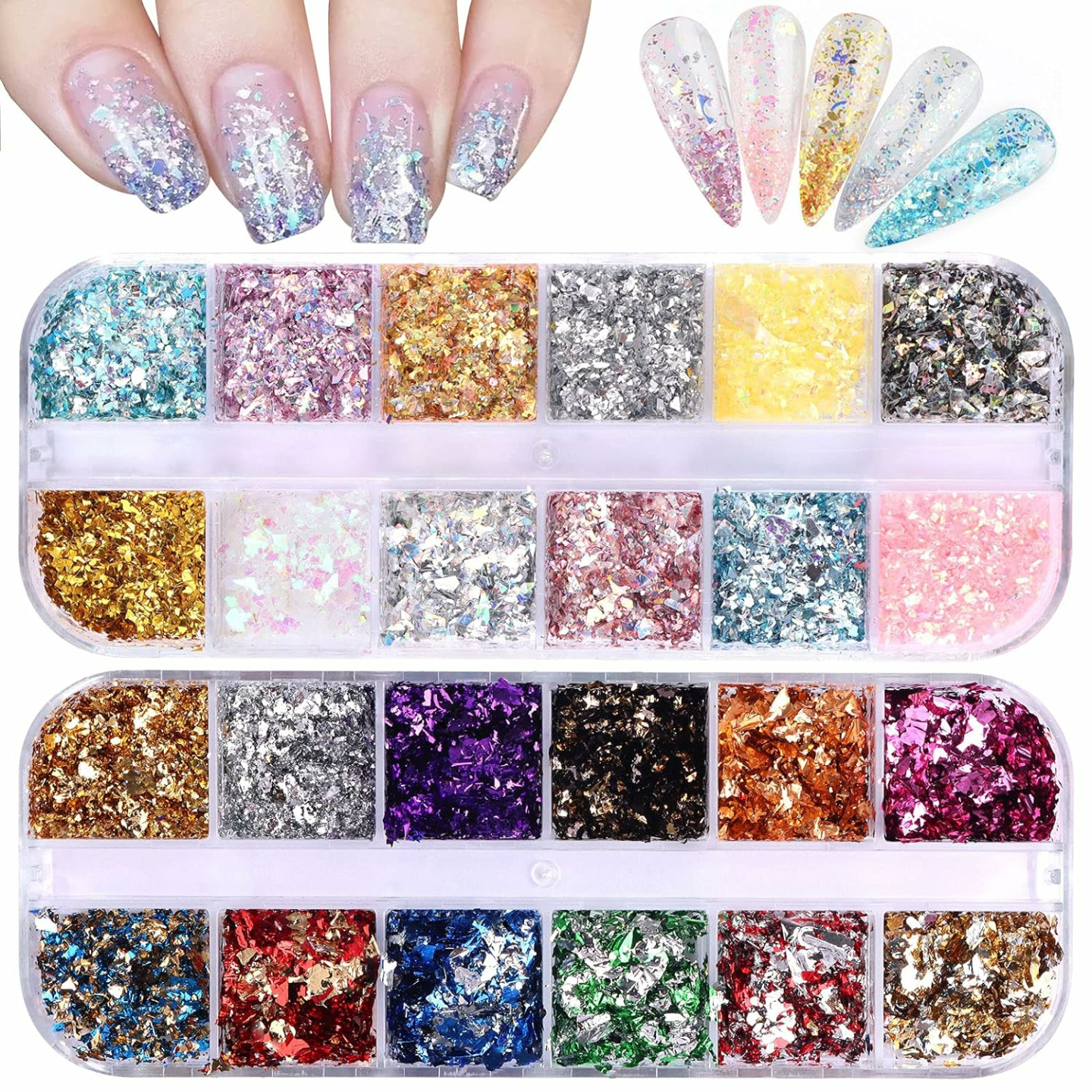Holographic Nail Art Foil Flakes in 24 Grid Set
