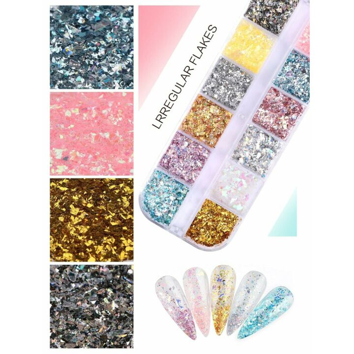 Holographic Nail Art Foil Flakes in 24 Grid Set