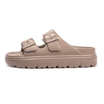 FUNKYMONKEY EVA Slides for Women Thick-sole Adjustable Double Buckle Waterproof Platform Sandals (6 M US, Lt Coffee/HDSPK)