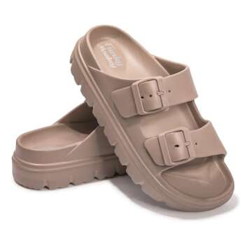 FUNKYMONKEY EVA Slides for Women Thick-sole Adjustable Double Buckle Waterproof Platform Sandals (6 M US, Lt Coffee/HDSPK)