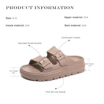 FUNKYMONKEY EVA Slides for Women Thick-sole Adjustable Double Buckle Waterproof Platform Sandals (6 M US, Lt Coffee/HDSPK)