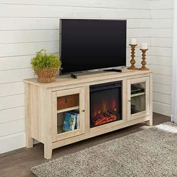 Walker Edison Rustic Wood and Glass Fireplace TV Stand for TV's up to 64" Flat Screen Living Room Storage Cabinet Doors and Shelves Entertainment Center, 58 Inch, White Oak
