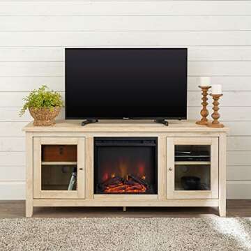 Walker Edison Rustic Wood and Glass Fireplace TV Stand for TV's up to 64" Flat Screen Living Room Storage Cabinet Doors and Shelves Entertainment Center, 58 Inch, White Oak