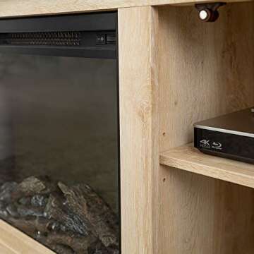 Walker Edison Rustic Wood and Glass Fireplace TV Stand for TV's up to 64" Flat Screen Living Room Storage Cabinet Doors and Shelves Entertainment Center, 58 Inch, White Oak