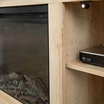 Walker Edison Rustic Wood and Glass Fireplace TV Stand for TV's up to 64" Flat Screen Living Room Storage Cabinet Doors and Shelves Entertainment Center, 58 Inch, White Oak