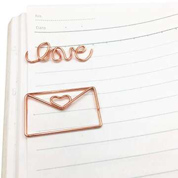 40Pcs Paper Clips, Cute Bookmark Marking Clips, Love Diamond Crown Envelope Shape Assorted Paperclips for Office School Home, Rose Gold