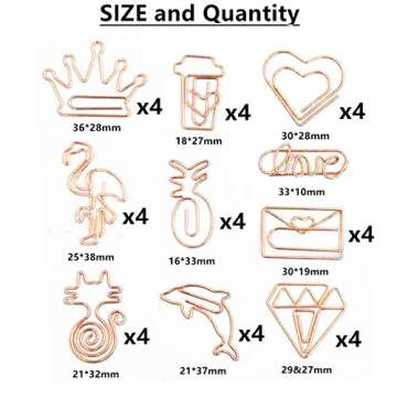 40Pcs Paper Clips, Cute Bookmark Marking Clips, Love Diamond Crown Envelope Shape Assorted Paperclips for Office School Home, Rose Gold