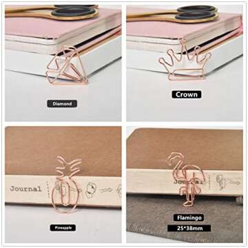 40Pcs Paper Clips, Cute Bookmark Marking Clips, Love Diamond Crown Envelope Shape Assorted Paperclips for Office School Home, Rose Gold