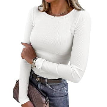ANRABESS Women Long Sleeve Crewneck Rib Knit Slim Fit Shirt - Versatile Casual Tee