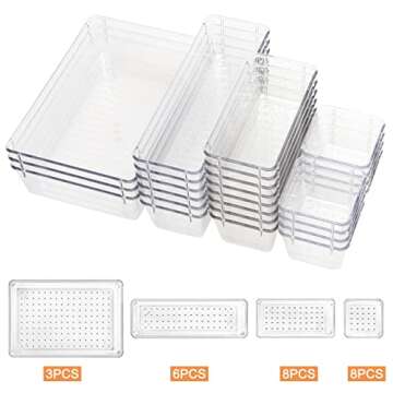 25 Pack Desk Drawer Organizer Set,Vanity and Desk Drawer Storage Bins,Clear Plastic Drawer Organizer Trays for Makeup,Office,Bathroom and Kitchen(clear)