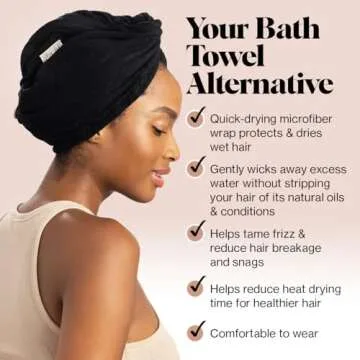 Kitsch Microfiber Hair Towel Wrap for Women - Valentines Gift for Her, Microfiber Towel, Super Absorbent, Quick Dry, Anti-Frizz - for Long and Short Hairs, Turbans for Women, Hair Wrap - Black