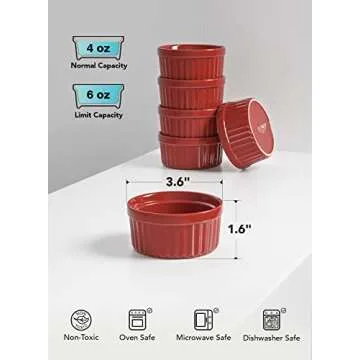 LE TAUCI Ramekins 4 OZ Oven Safe, Creme Brulee Ramekins, Pudding Custard Cups Souffle Ramiken, Dipping Sauce Dishes, Ceramic Ramekin Bowls Set of 6, True Red