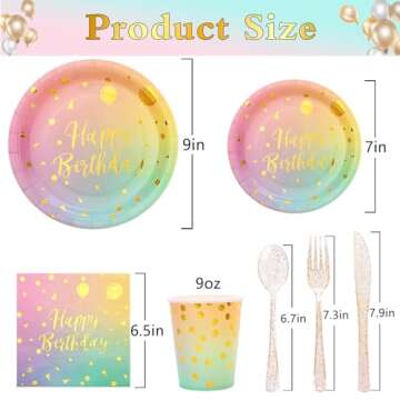 175PCS Pastel Birthday Decorations,Birthday Plates and Napkins Party Supplies,Disposable Rainbow Bir...