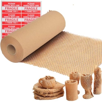 Honeycomb Packing Paper Wrap - Eco-Friendly 12"x200' Roll with Fragile Labels