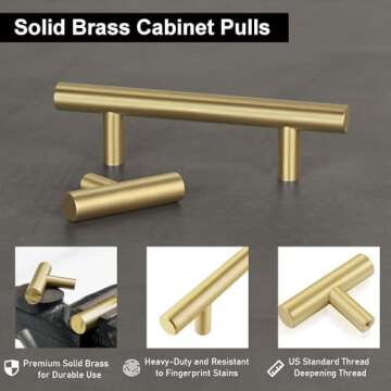 QOGRISUN 2-Pack Solid Brass Cabinet Pulls, Gold Euro Style T Bar Handles, 5-Inch Hole Center for Kit...