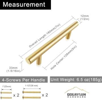 QOGRISUN 2-Pack Solid Brass Cabinet Pulls, Gold Euro Style T Bar Handles, 5-Inch Hole Center for Kitchen Drawer Dresser Cupboard, 7-Inch Total Length, Brushed Brass Finish