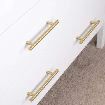 QOGRISUN 2-Pack Solid Brass Cabinet Pulls, Gold Euro Style T Bar Handles, 5-Inch Hole Center for Kitchen Drawer Dresser Cupboard, 7-Inch Total Length, Brushed Brass Finish