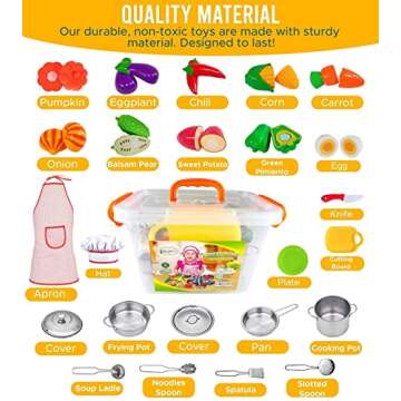 FUNERICA Toddler Kitchen Accessories Playset with Cutting Food Vegetables and Stainless-Steel Play P...