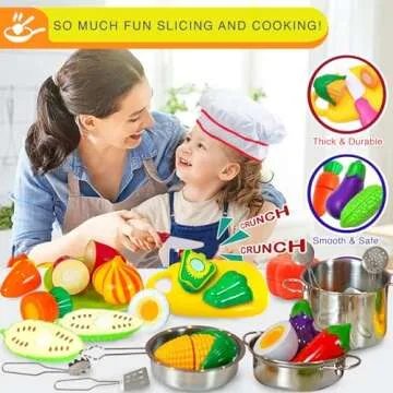 FUNERICA Toddler Kitchen Accessories Playset with Cutting Food Vegetables and Stainless-Steel Play Pots - Pretend Kids Cooking Utensils - Apron & Chef Hat - Toy Knife & Cutting Board for Girls & Boys