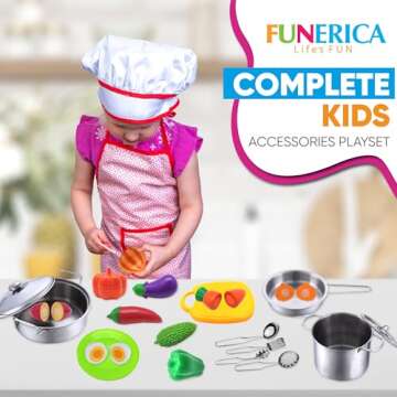 FUNERICA Toddler Kitchen Accessories Playset with Cutting Food Vegetables and Stainless-Steel Play Pots - Pretend Kids Cooking Utensils - Apron & Chef Hat - Toy Knife & Cutting Board for Girls & Boys